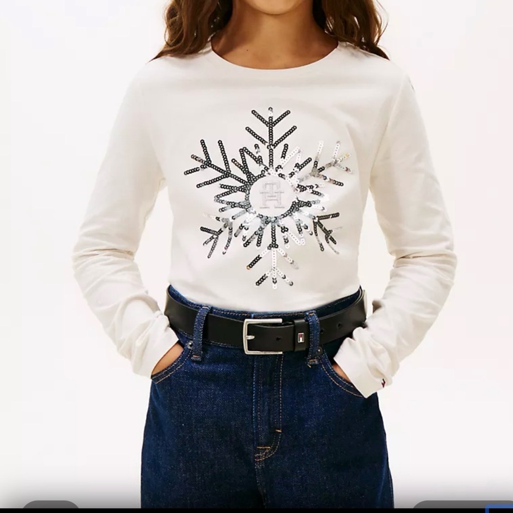 Tommy Hilfiger Kids Shimmer White Sequin Snowflake Long Sleeve TeeShirt